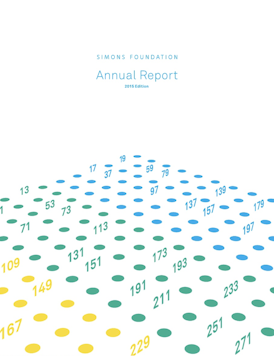 Simons Foundation 2015 Annual Report cover, featuring non-prime numbers represented as dots, with prime numbers written as numerals