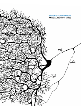 Simons Foundation Annual Report 2009 cover, featuring a Camara lucida drawing of a Purkinje cell in the cat’s cerebellar cortex
