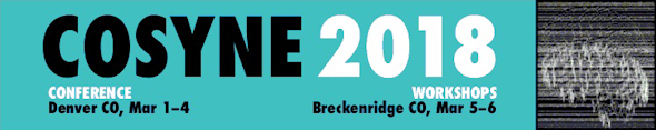 Turquoise image that says COSYNE 2018; Conference, Denver, CO, Mar 1-4; Workshops, Brockenridge, CO, Mar 5-6