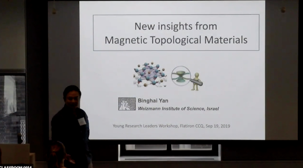 person presenting slideshow titled new insights from magnetic topological materials