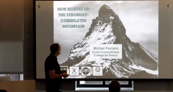 Person presenting slideshow titled New Routes Up The Strongly-Correlated Mountain