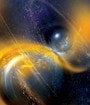 An illustration of two neutron stars in the process of merging. Gold surrounds the two objects.