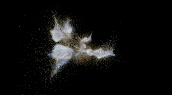 A screenshot of a video showing a computer simulation of two galaxies colliding as seen through a telescope.