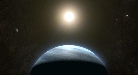 An illustration of a large gas planet with a large star in the background, a smaller star to one side and another small exoplanet to the other side.